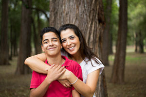 Smiling mother and son