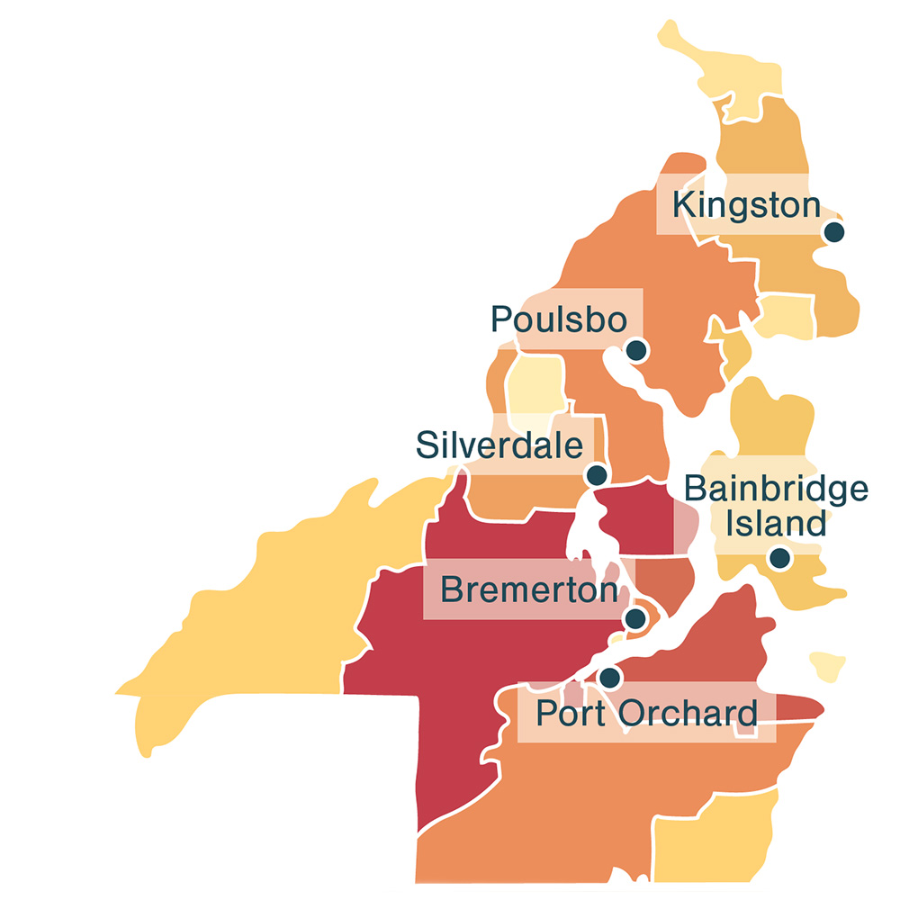 Heat map of Kitsap County showing how many clients live in each city.