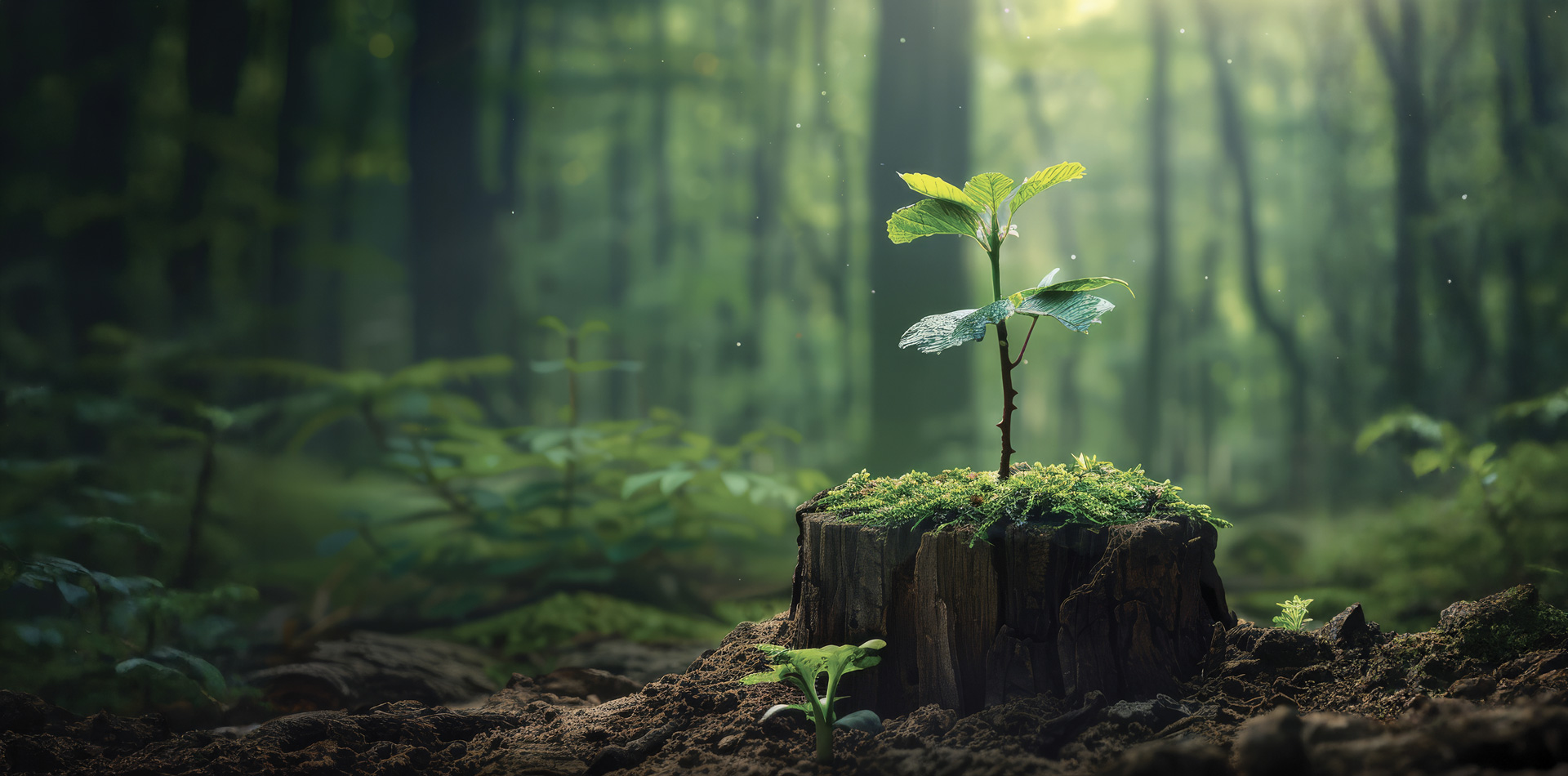 kmhs-web-2025report-hero A young green sapling grows from the top of an old, moss-covered tree stump in a misty, sunlit forest.